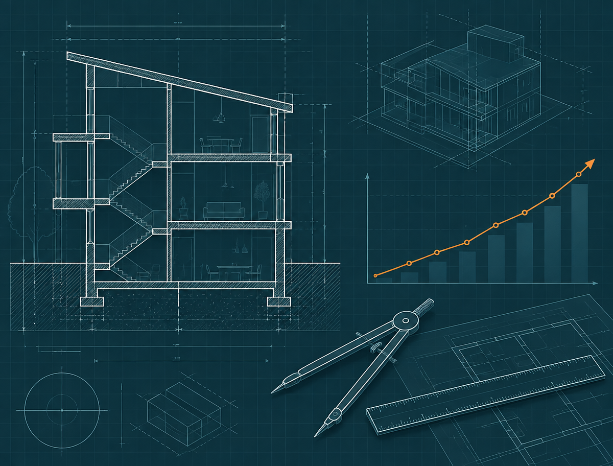 Ilustração técnica de um projeto de engenharia com gráfico de receita